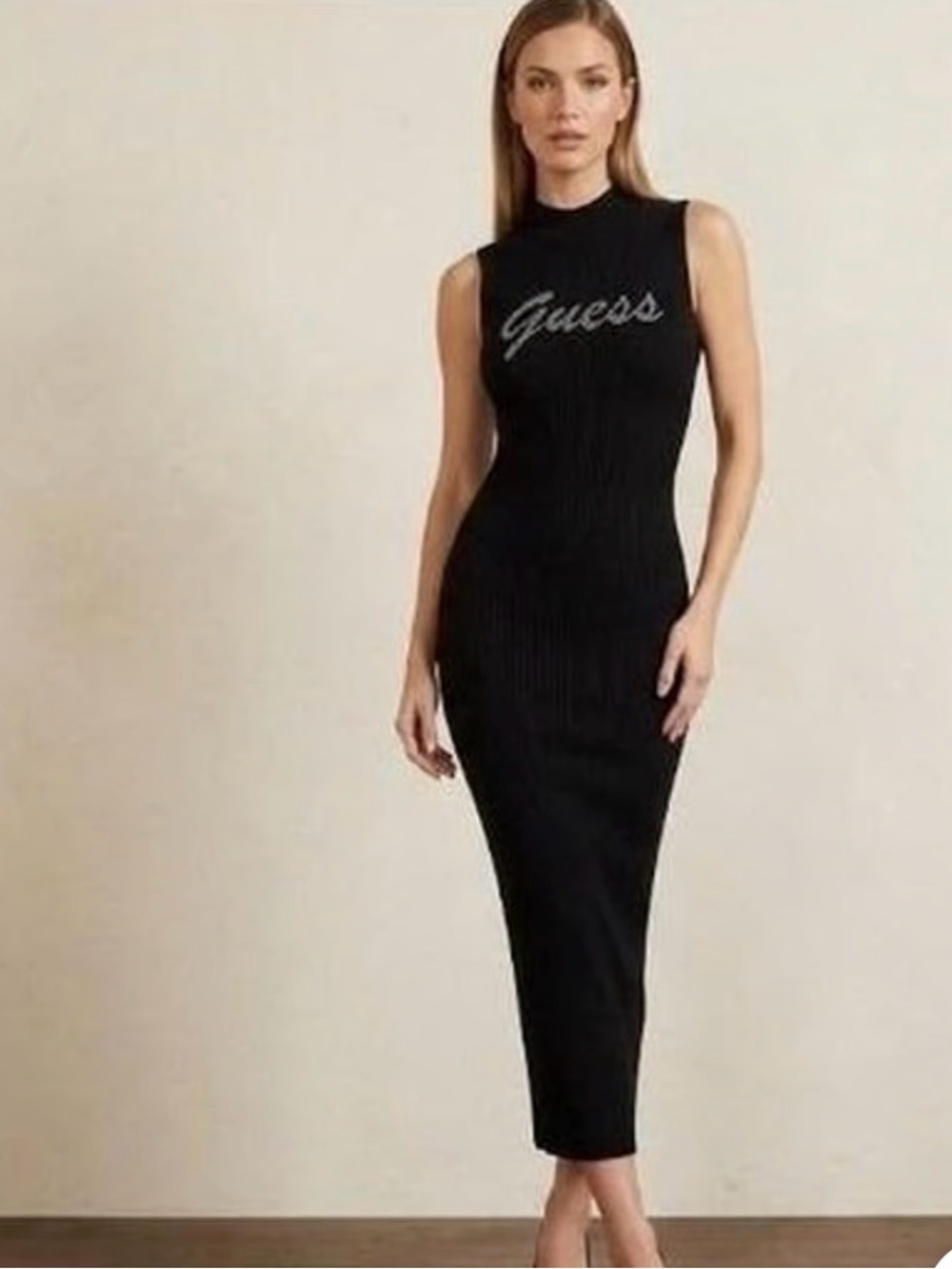 GUESS Black Sleeveless Ribbed Midi Bodycon Dress